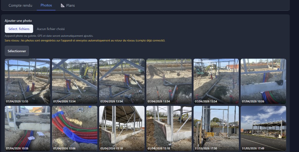 Logiciel de suivi de chantier : galerie photos par affaire, date et GPS dans l’application BTP